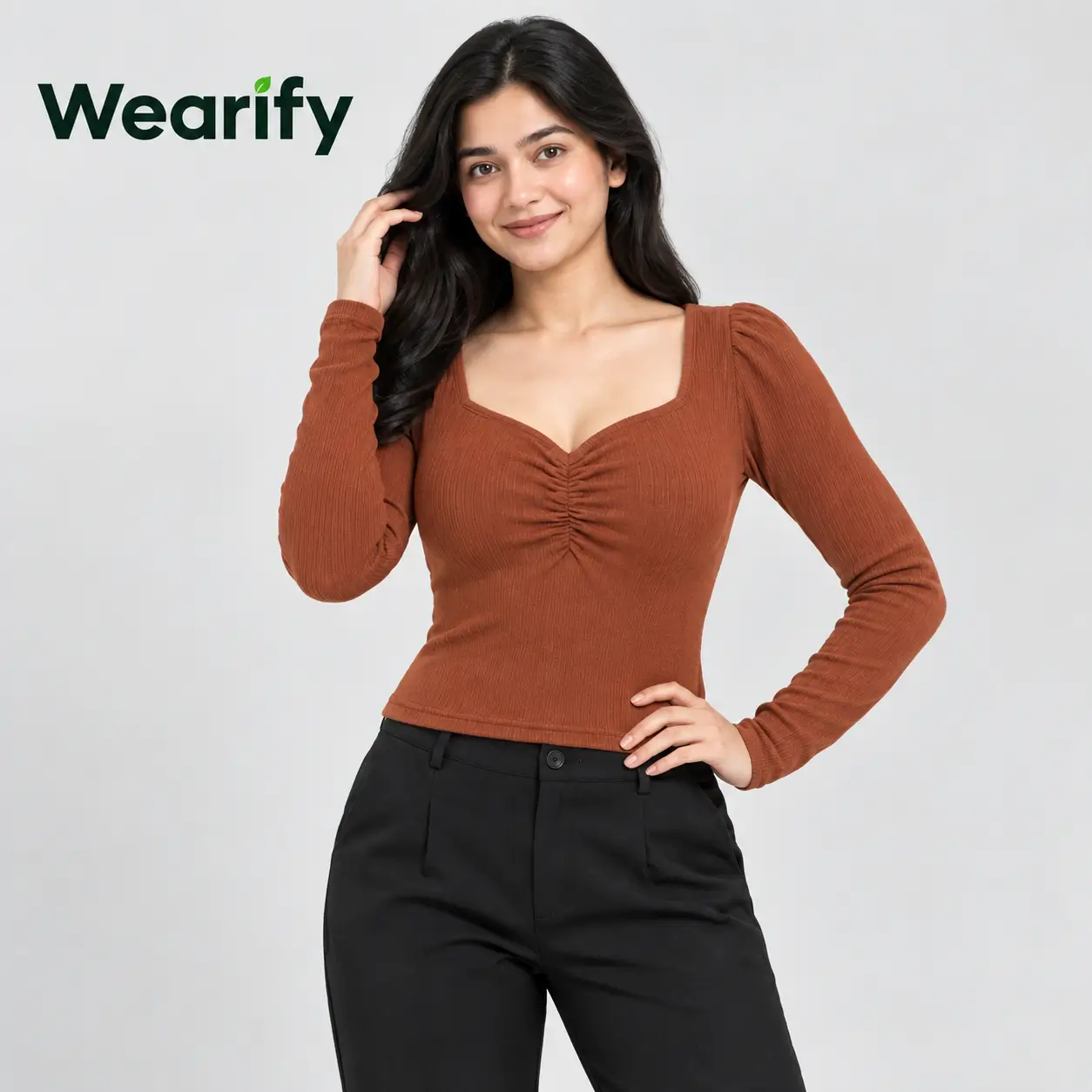 Square sweetheart neck – Full Sleeve Ribbed blouse Orange Brown