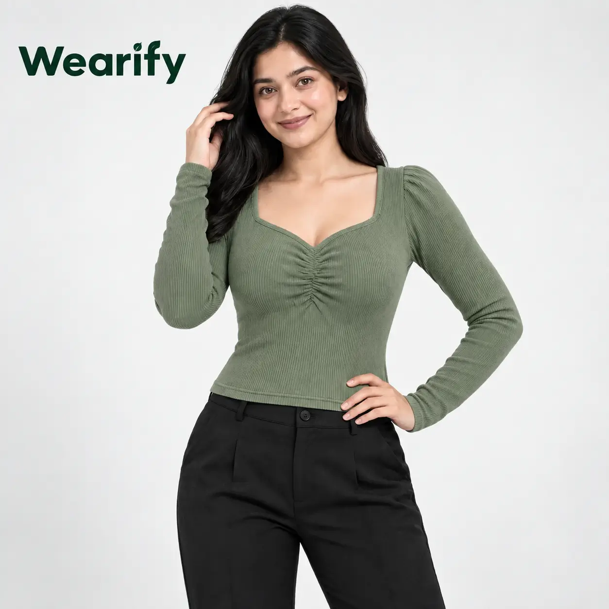 Square sweetheart neck – Full Sleeve Ribbed blouse Olive