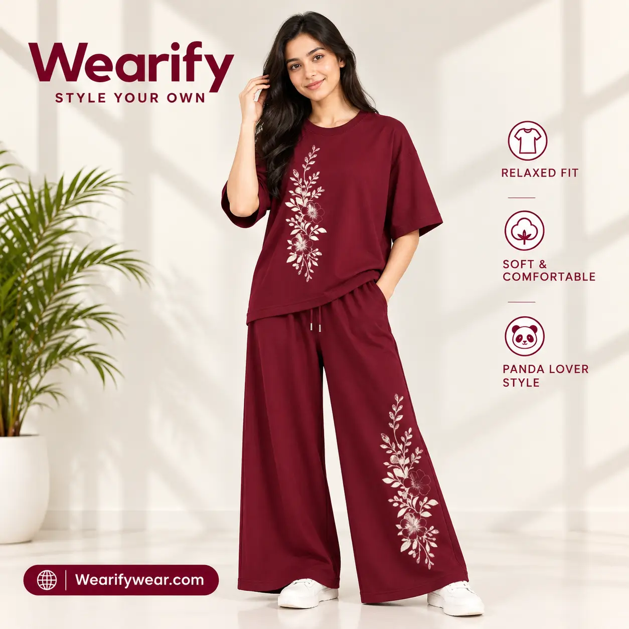 Women Premium Flower Co-Ord Set Maroon