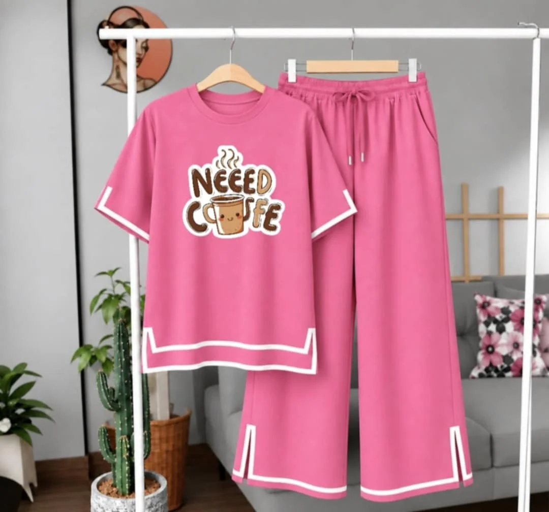 Women Need Coffee Print Side Cutting Co-Ord Set – Pink
