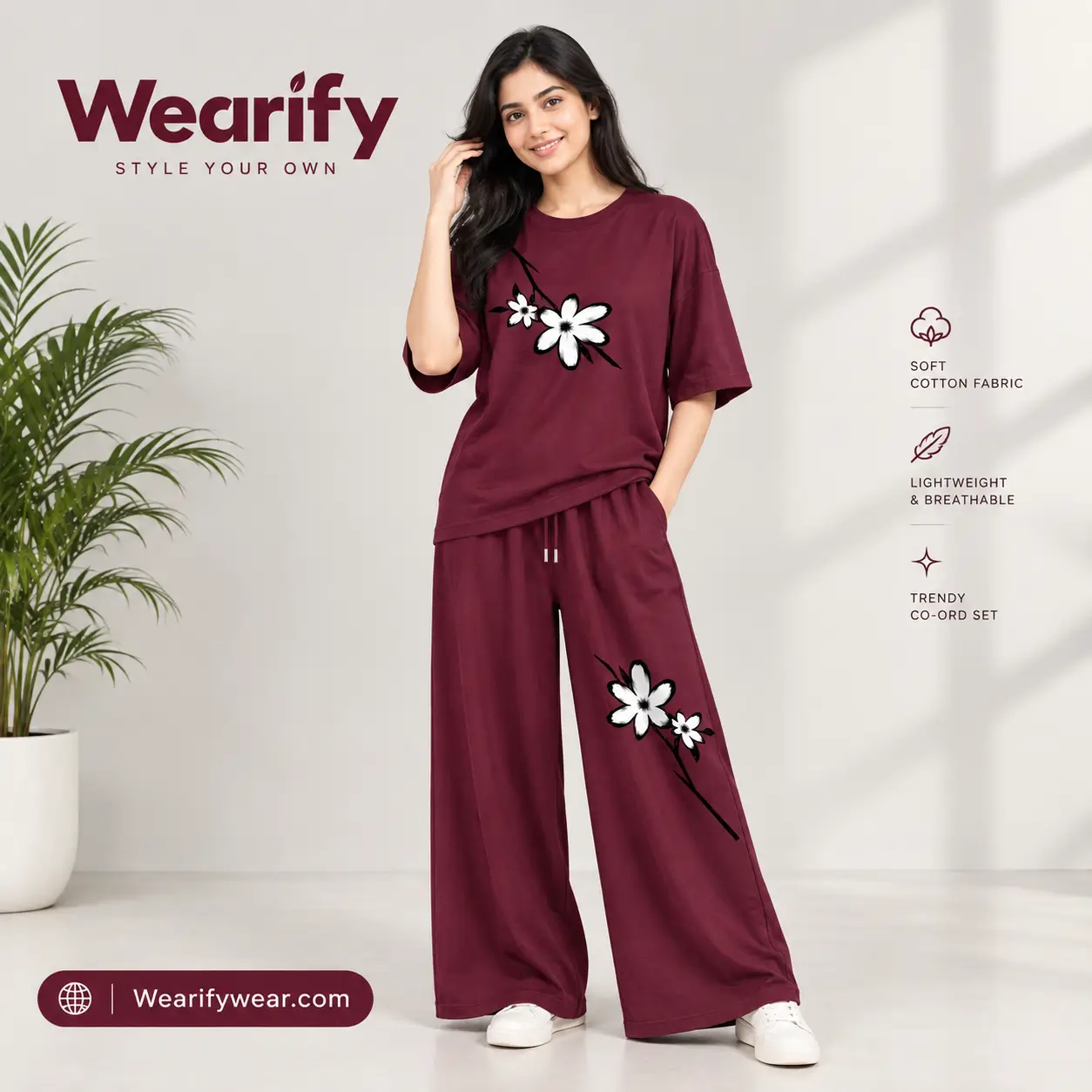 Women Premium New Flower Co-Ord Set – Meroon