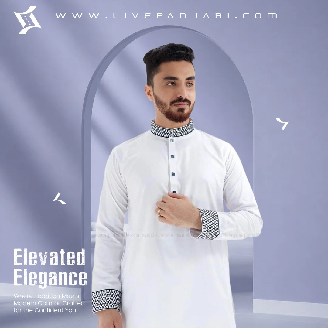 FlexTone Premium Quality Embroidery Panjabi/ Color - White