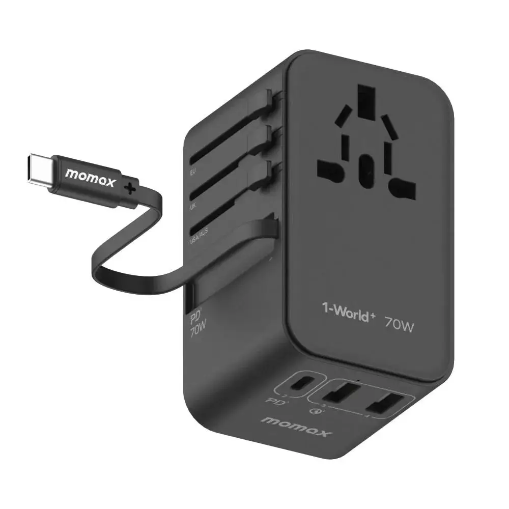 Momax UA18D Travel Charger 70W GaN Built in USB C Cable Universal Power for Laptops & Phones