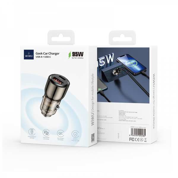 WIWU WI-QC012 95W PD+QC Kirsite Geek Fast Car Charger with USB and Type-C WIWU WI-QC012 95W PD+QC Kirsite Geek Fast Car Charger with USB and Type-C